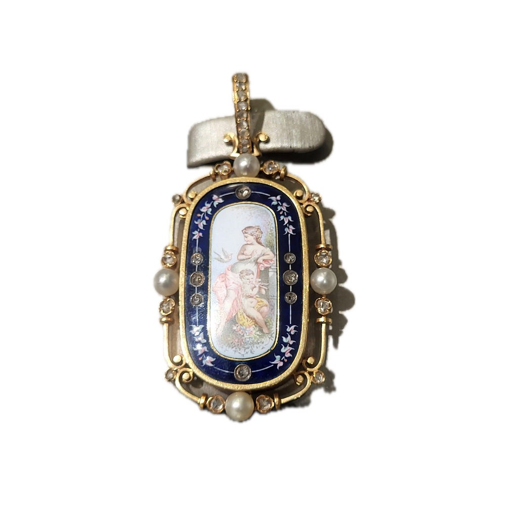 Antik Anhänger Lupen Malerei 18Kt Gelbg. & Diamanten